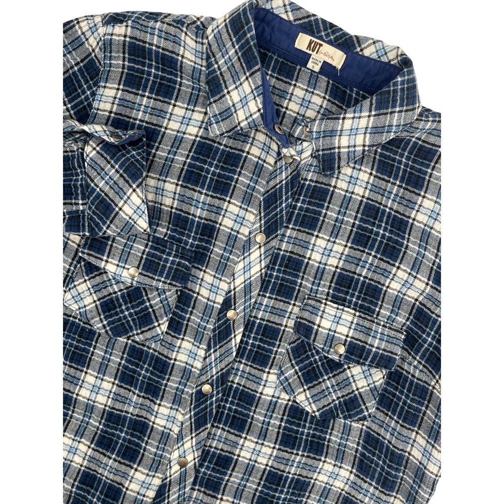 Kut from the Kloth Womens Blue Plaid Snap Button Down Shirt ST10301 Small